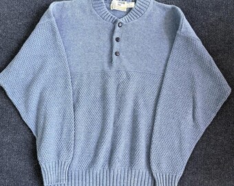 Vintage London Fog Sweater Mens Large Blue Henley Textured Knit Pullover USA