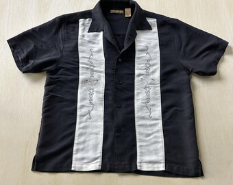 Y2K Havanera Co Shirt Mens Large Black White Embroidered Short Sleeve Button Up