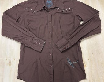 Y2K Twenty X Shirt Womens Medium Brown Studded Western Button Up Long Sleeve