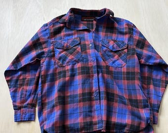 Vintage Air Express shirt voor kinderen maat 10, blauw-rood geruit, met knoopsluiting, flanellen shirt met lange mouwen.