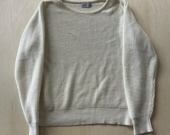 Vintage Letter B Sweater Womens Medium White Crew Neck Waffle-Knit Long Sleeve
