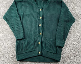 Vintage 90s Cardigan Sweater Womens Large Green Crewneck Button Tight-Knit