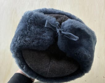 Vintage Fur Hat Trapper Fitted Womens Blue Lined Ear Flap Insulated Winter
