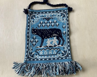 Vintage Shoulder Bag Womens Blue Cotton Roma Colosseo Fringe Souvenir Italy