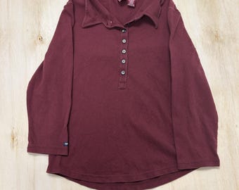 Y2K Fossil Shirt Womens Large Red Long Sleeve Collared Polo Stretch Top Casual