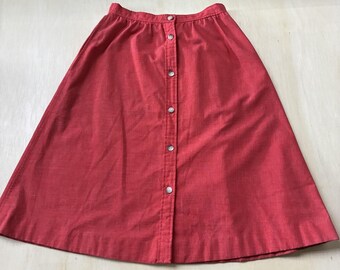 Vintage The Villager Skirt Womens 10 Red Chambray A-Line Midi Button Front USA