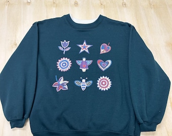 Vintage Basic Editions Sweatshirt Womens Large Green Patriotic Floral Fleece