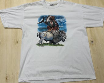 Vintage Jerzees Shirt Mens Large White Native American Buffalo Eagle Tee T-Shirt