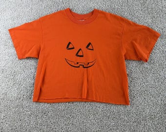 Vintage Stedman Shirt Womens Large Crop Top Orange Jack O Lantern Pumpkin Tee