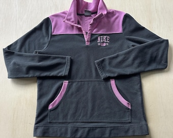 Y2K Nike Sweatshirt Womens Large Gray Pink Fleece Mock Neck Pullover Pockets