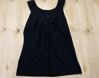 Y2K L.A. Blues Tank Top Womens Small Black V Neck Sleeveless Crochet Trim Knit