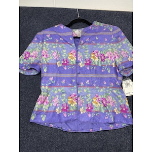 Vintage Adrianna Papell Blouse Womens 12 Purple Silk Floral Short Sleeve Button image 1