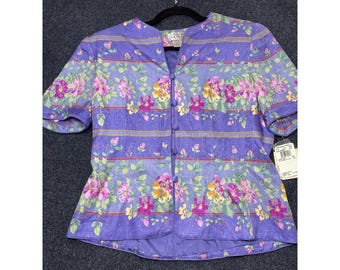 Vintage Adrianna Papell Blouse Womens 12 Purple Silk Floral Short Sleeve Button