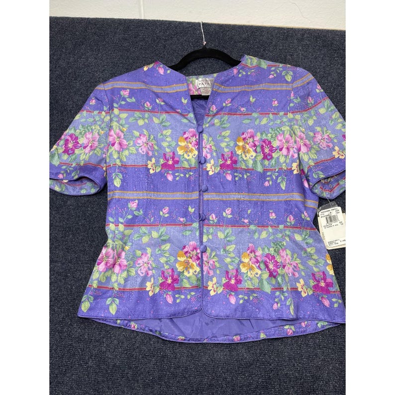 Vintage Adrianna Papell Blouse Womens 12 Purple Silk Floral Short Sleeve Button image 1