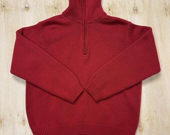 Vintage Talbots Sweater Petite L Red 100% Cotton Mock Neck 1/4 Zip Knit Pullover