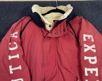 Vintage Nautica Jacket Mens Large Red Expedition Down Puffer Hooded Reversable