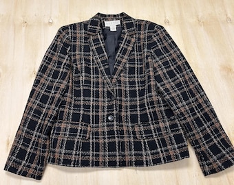 Blazer vintage Norton McNaughton feminino tamanho 12, xadrez preto, dois botões e forro.