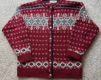Vintage L.L. Bean kofta med knappar och stickad tröja för kvinnor, stor röd Fair Isle-knäppning