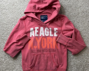 Y2K American Eagle Outfitters Hoodie Dam Mellanrosa New York Love V-ringad