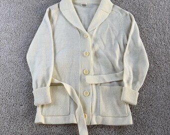 Vintage Charisma Cardigan Sweater Womens Small White Collared Belted Pockets