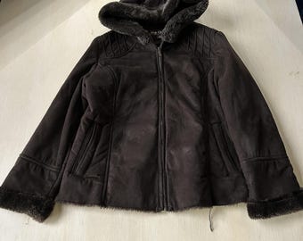 Y2K Big Chill Jacket Womens XL Brown Faux Suede Hooded Full Zip Faux Fur Lined
