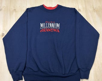 Felpa vintage Mc Energy da donna, taglia L, blu, con ricamo Grandma Millennium.