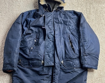 Vintage Military Mens Large Blue Nylon Hooded Insulated Parka Orange Lining