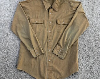 Camisa vintage Van Cort para hombre, talla grande, color marrón liso, manga larga, estilo western con botones a presión.