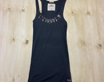 Y2K Hollister Tank Top Womens Medium Gray Beaded Rhinestone Scoop Neck Stretch