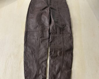 Vintage 90s Leather Pants Womens 4 Brown Genuine Leather Lined Straight Leg Zip