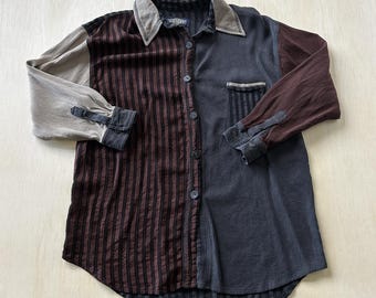 Y2K KRAKERZ Shirt Men Large Patchwork Corduroy Long Sleeve Button Up Boho Hippy