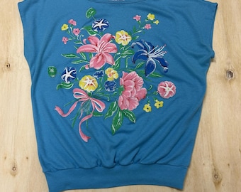 Vintage Club USA Shirt Womens Medium Blue Floral Graphic Dolman Boat Neck Top