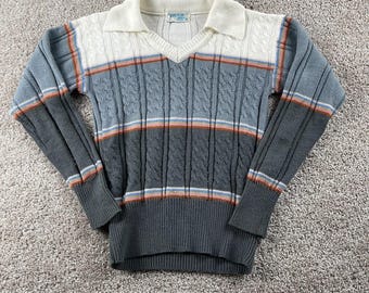 Vintage 70s Sweater Womens XS Gray Striped Knit Collared V Neck Long Sleeve