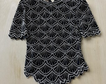Vintage Lawrence Kazar Blouse Womens Small Black Beaded Sequin Gatsby Party Top