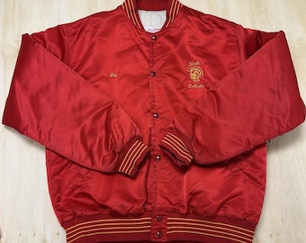 Vintage North Catholic Jacka Herr XL Röd Satin School Varsity Snap Pro Stickad