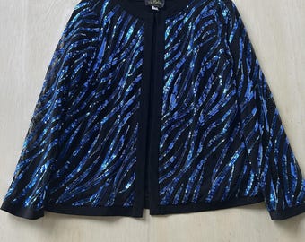 Vintage Bob Mackie Jacket Womens Small Blue Sequin Mesh Open Front Formal Art