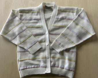 Suéter vintage Justin Allen para mujer, talla pequeña, cárdigan de punto blanco a rayas con botones, fabricado en EE. UU.