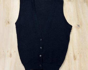 Vintage Sweater Vest Womens Medium Navy V Neck Tight-Knit Button Top