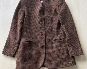 Chaqueta tipo blazer vintage de Liz Claiborne Studio para mujer, talla 2, color marrón, tweed de lana, sin cuello.
