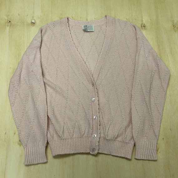 Vintage Billie Jo Cardigan Sweater Womens Medium Pink V Neck Open-Knit Button
