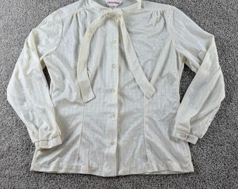 Vintage Laura Mae Blouse Womens 18 White Bow Tie Neck Sheer Long Sleeve USA
