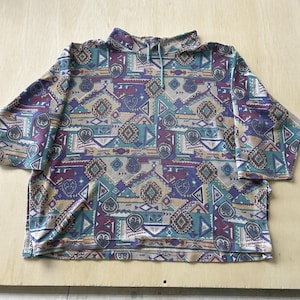 Vintage 90er Jahre Aztec Pullover Herren XL Geometrisches 3/4 Ärmel Mock Neck Sweatshirt
