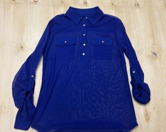 Y2K INC International Concepts Blouse Womens XS Blue Sheer Chiffon Roll Tab Top