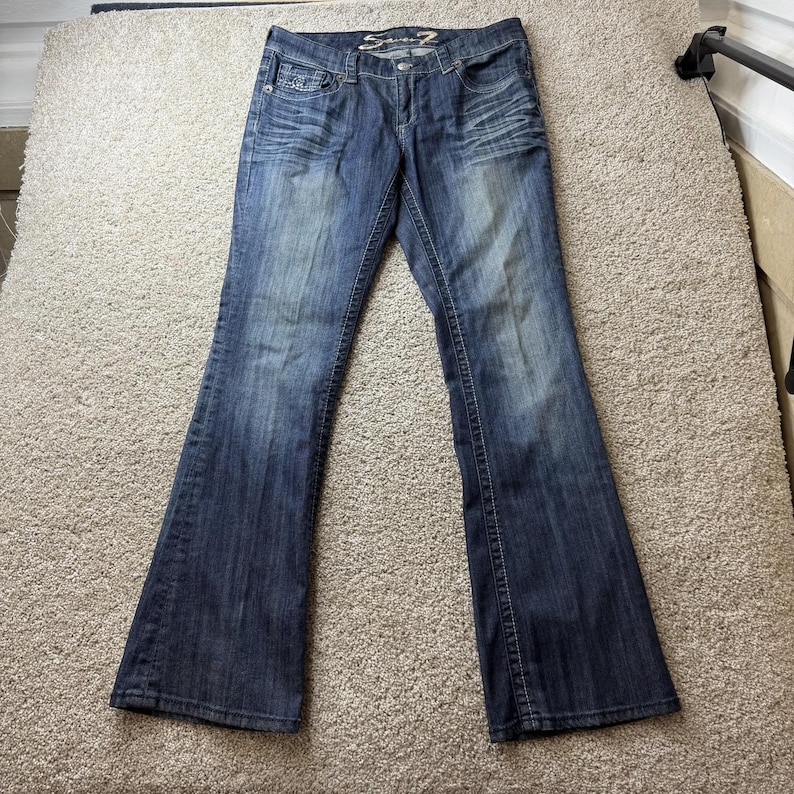 Y2K Seven7 Bootcut Jeans Women 8 Med Wash Blue Stretch Denim Embroidered Pockets image 2