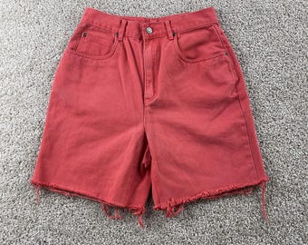 Vintage 90s Lizwear Shorts Womens 10 Red Denim High Rise Cutoff Frayed Relaxed