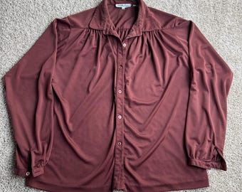 Vintage Lady Manhattan Shirt Womens 12 Pink Qiana Silky Knit Button Up Blouse