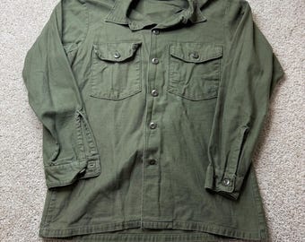 Camisa vintage U & W Industries para hombre, talla M, verde OG-107, algodón satinado, utilitaria.
