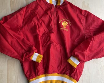 vintage North Catholic Trojans Jacket Mens 42 Red DeLong pull Made In USA
