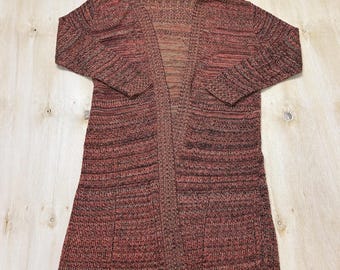 Vintage La Serissa Cardigan Sweater Women Med Orange V Neck Open Front Open-Knit