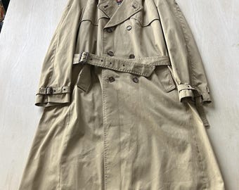 Cappotto vintage Cortefiel da uomo taglia 44L, beige, in twill, trench, foderato, lungo, classico
